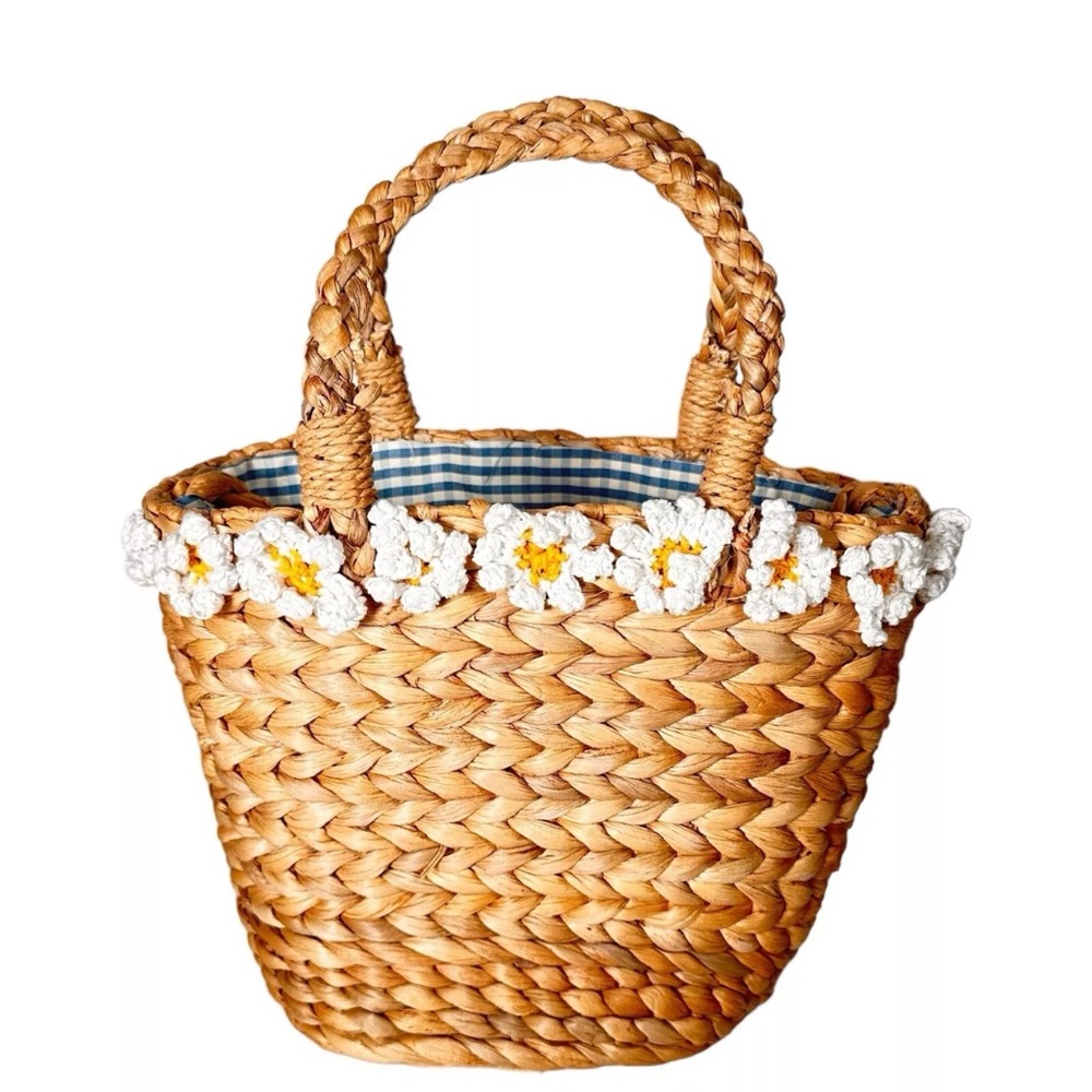 Most Wanted Daisy Flower Straw Tote Basket Bag Gingham Lining Rattan Handbag